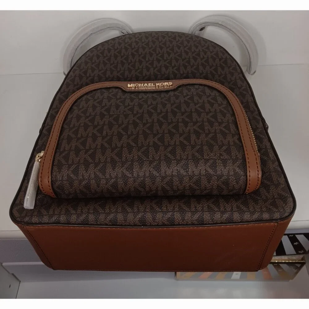 Michael Kors Brown Logo Dome Backpack with Tan Trim - Picture 12 of 14